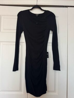 Express Black Long-Sleeve Ruched Midi Sweater Dress